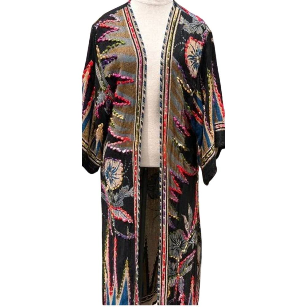 RAJ MEGHAN BLACK GOLD THICK STITCH EMBROIDERED DUSTER New One Size - Picture 5 of 5